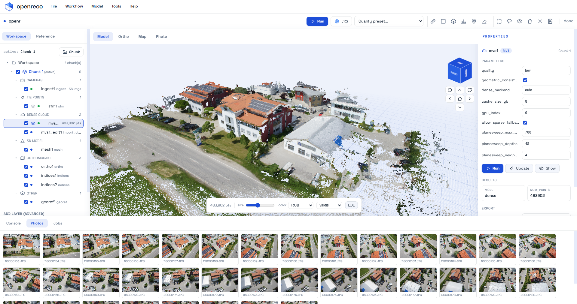 The full OpenReco application — workspace tree, 3D viewport with a textured dense point cloud, properties panel and photo filmstrip